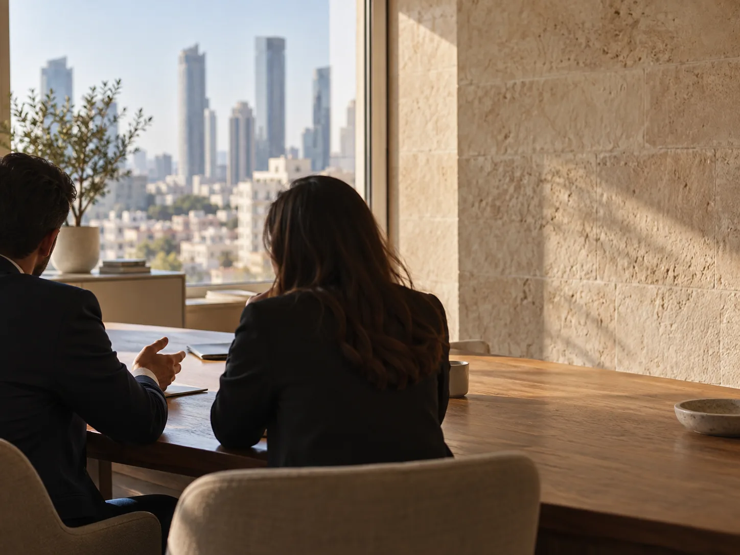 שיחה מקצועית מצולמת מאחור בחדר עבודה מואר