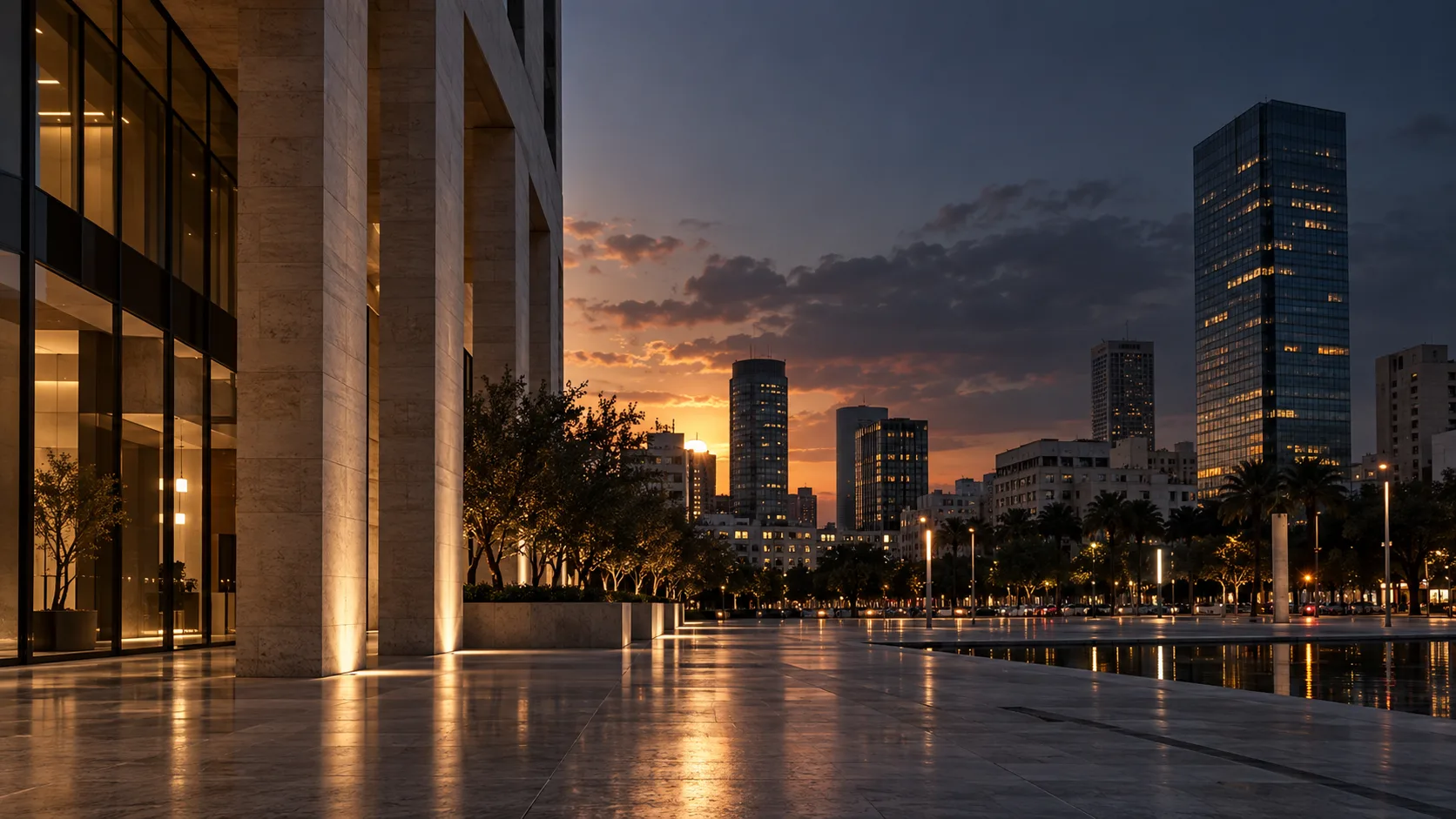 מרחב אבן ואדריכלות עירונית במרכז תל אביב בשעת ערב