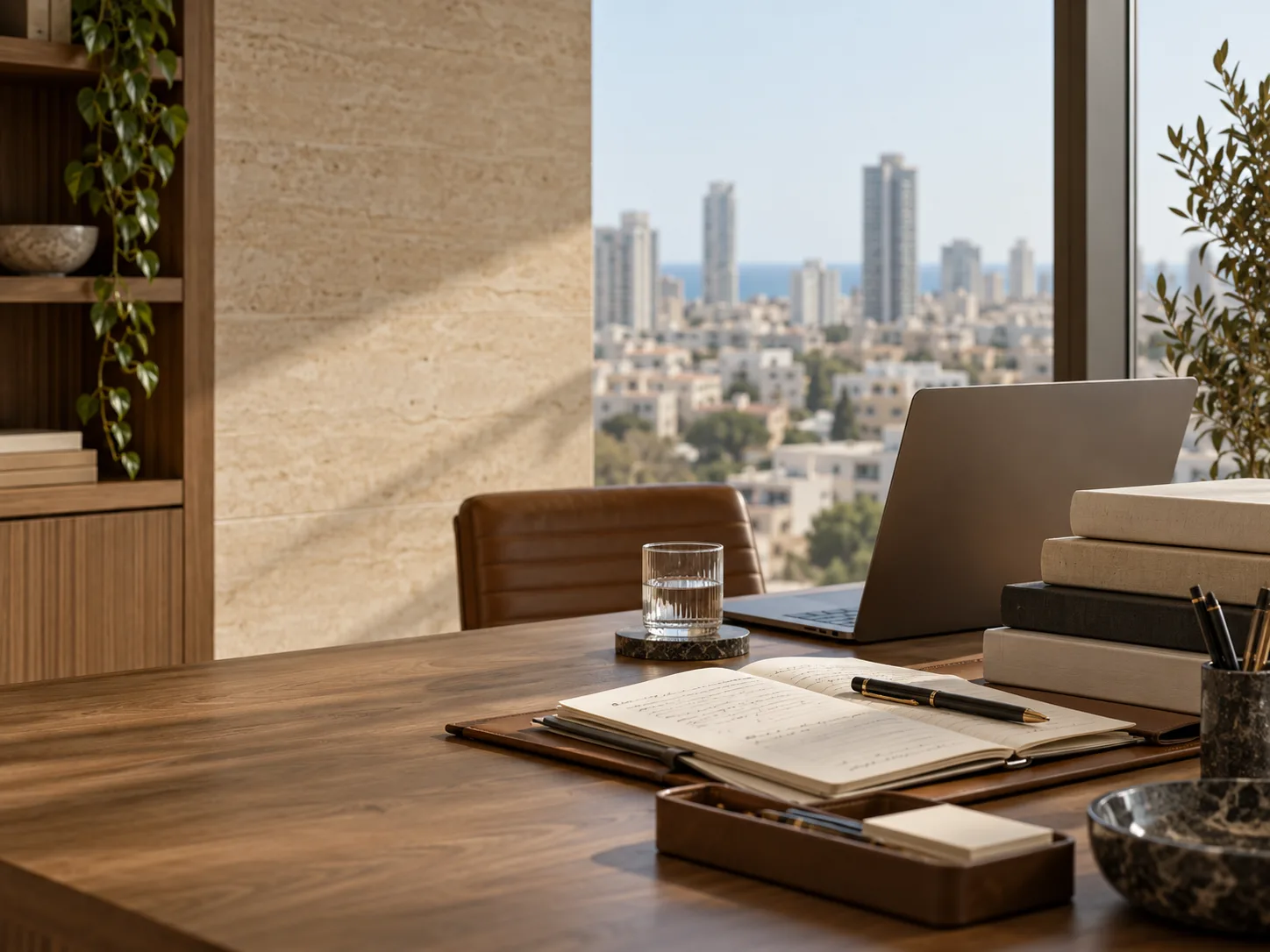 שולחן עבודה עם מחברת, ספרים ומחשב ליד חלון