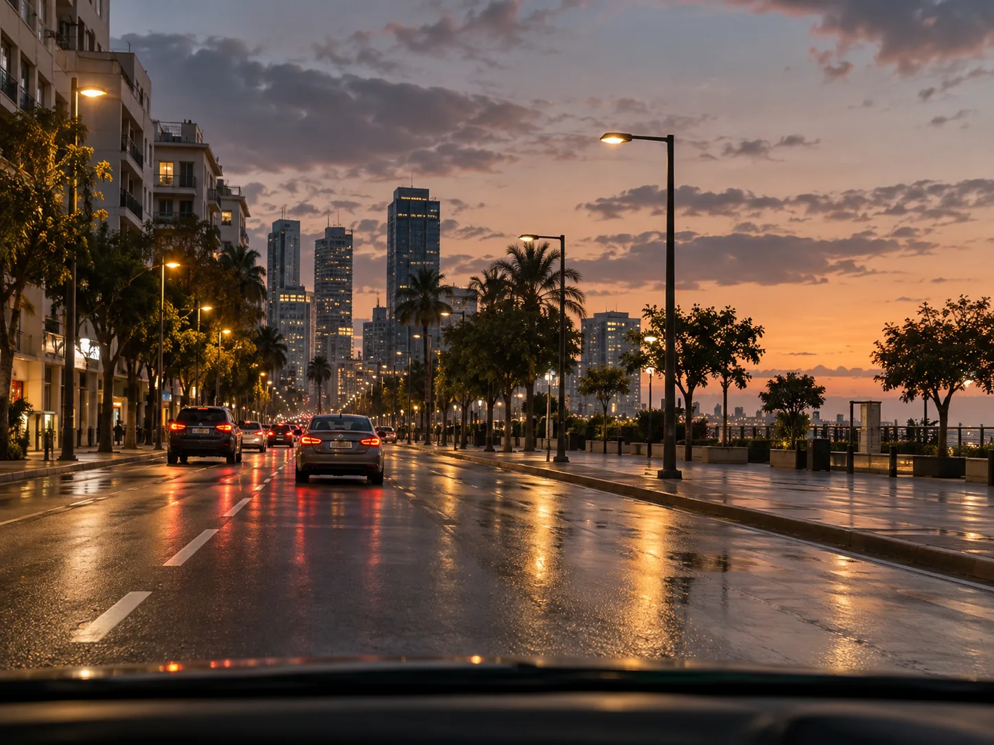 רחוב עירוני בתל אביב בשעת ערב לאחר גשם